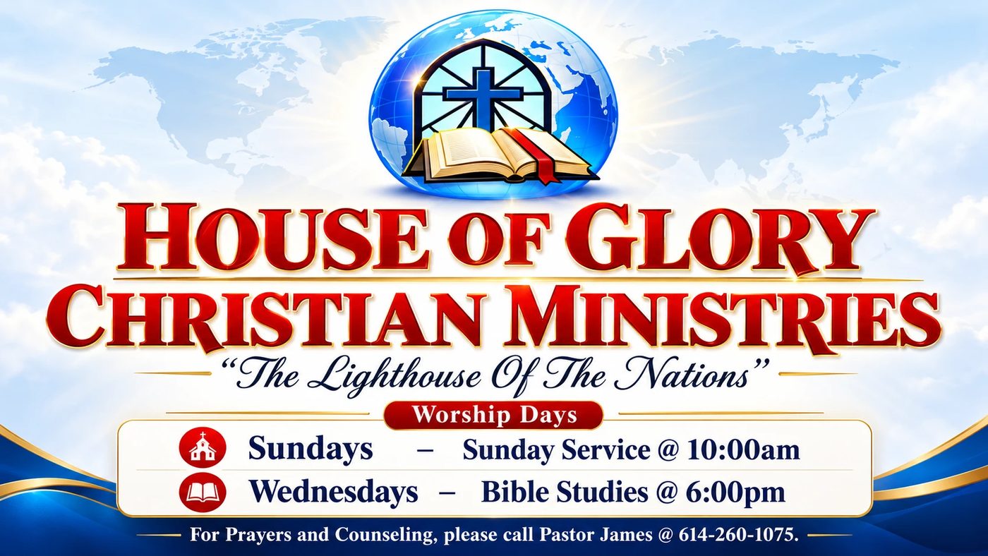 The House of Glory Christian Ministries card, with the worship days